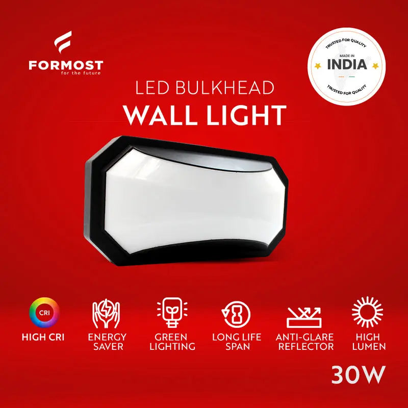 Formost LED bulkhead wall light on a red background with features listed.