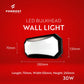 LED bulkhead wall light with dimensions and Formost branding on a red background