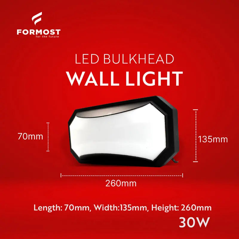 LED bulkhead wall light with dimensions and Formost branding on a red background