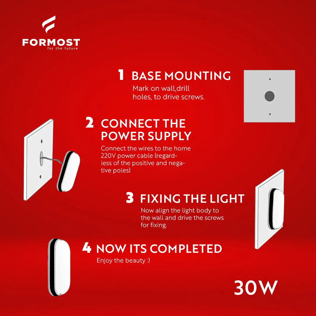 Step-by-step guide for installing a light fixture by Formost on a red background