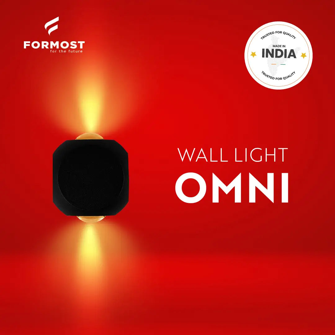 Wall light fixture labeled 'OMNI' with Formost branding on a red background