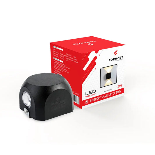 Black LED wall light fixture next to its red Formost branded packaging on a white background