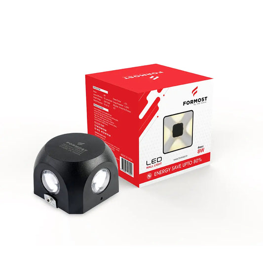 Black LED light fixture next to its red Formost branded packaging on a white background