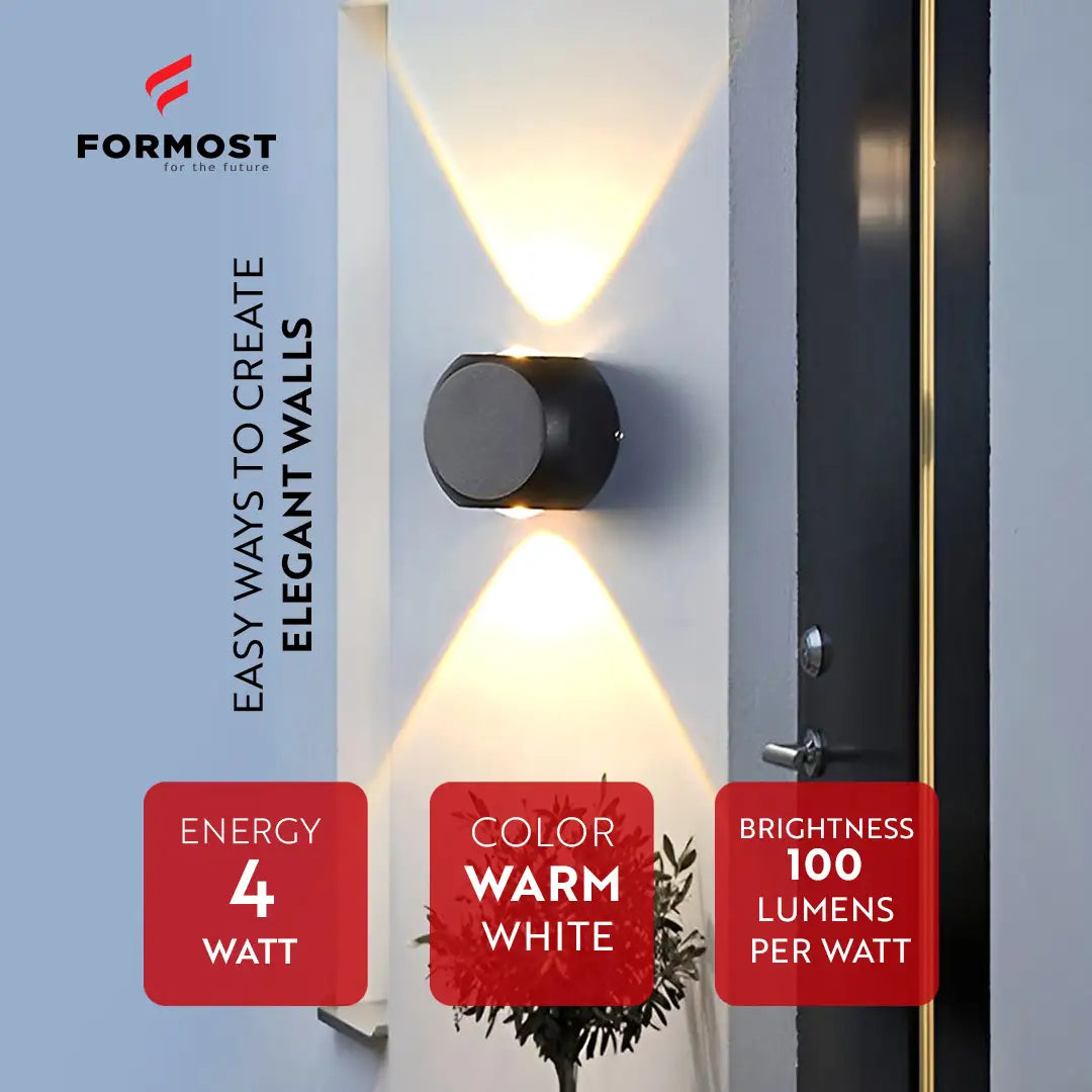 Wall-mounted light fixture with Formost branding and product features on a wall.
