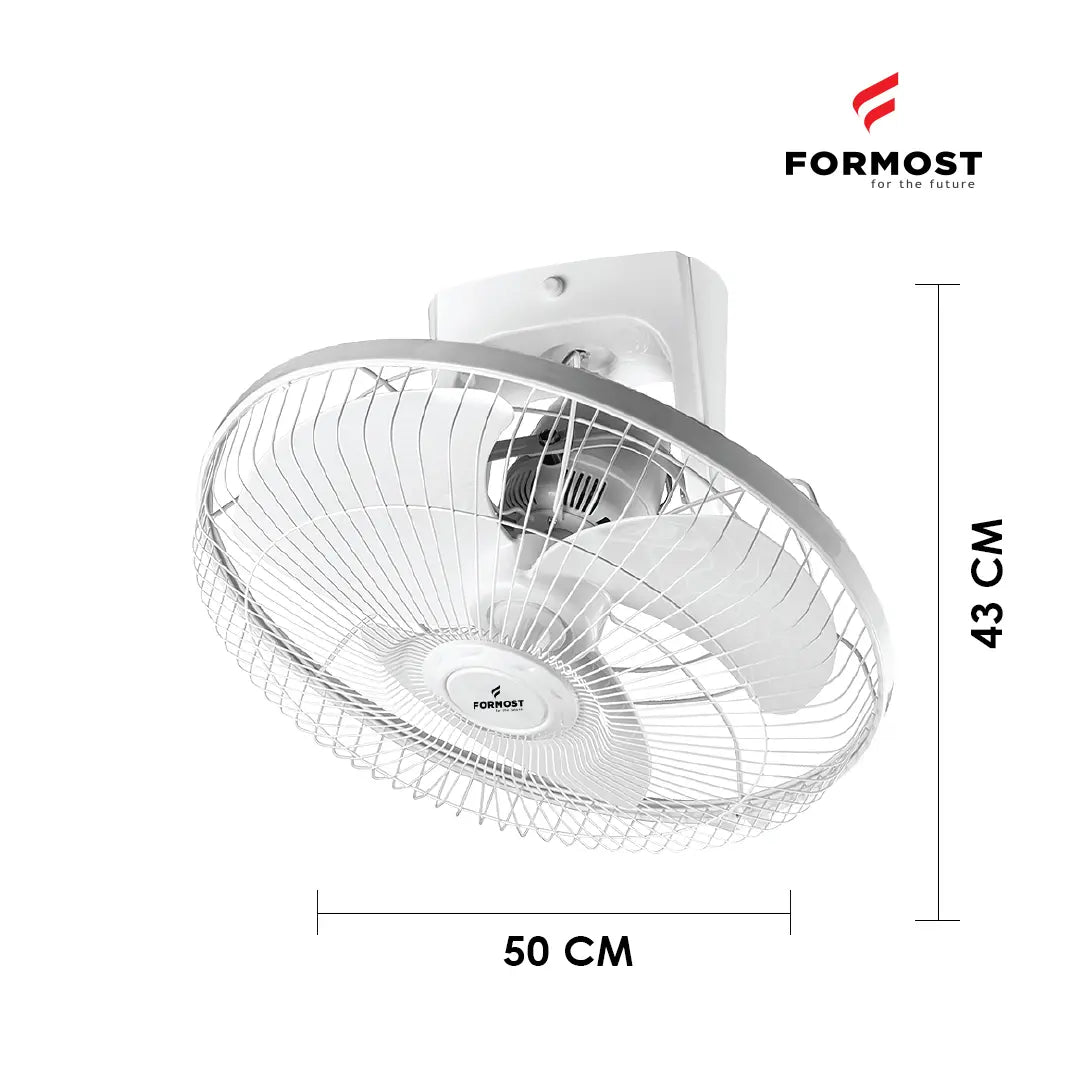 Wall-mounted fan with Formost branding and dimensions on a white background