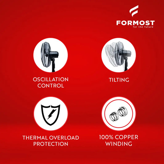Formost fan features on a red background with brand logo.