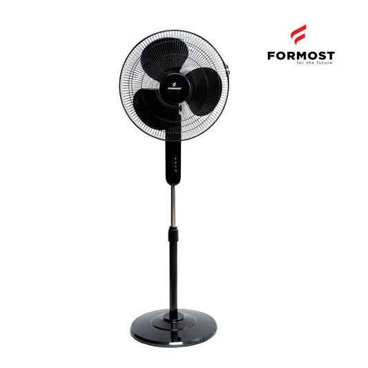Black stand fan on a white background with Formost logo.