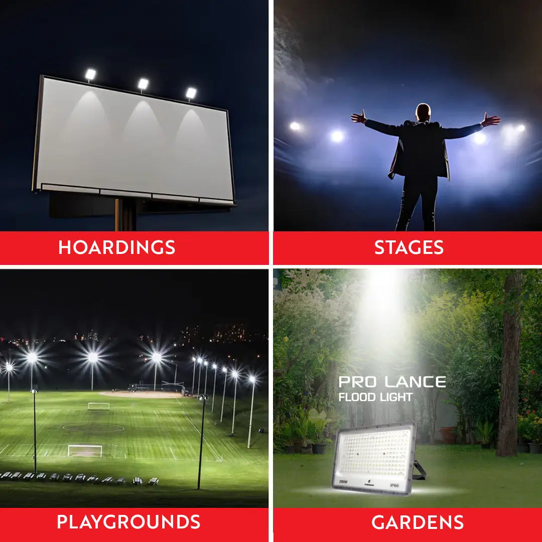Collage of floodlights used in hoardings, stages, playgrounds, and gardens with text labels.
