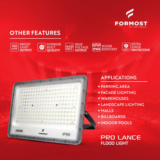 Formost Pro Lance flood light with features and applications on a red background