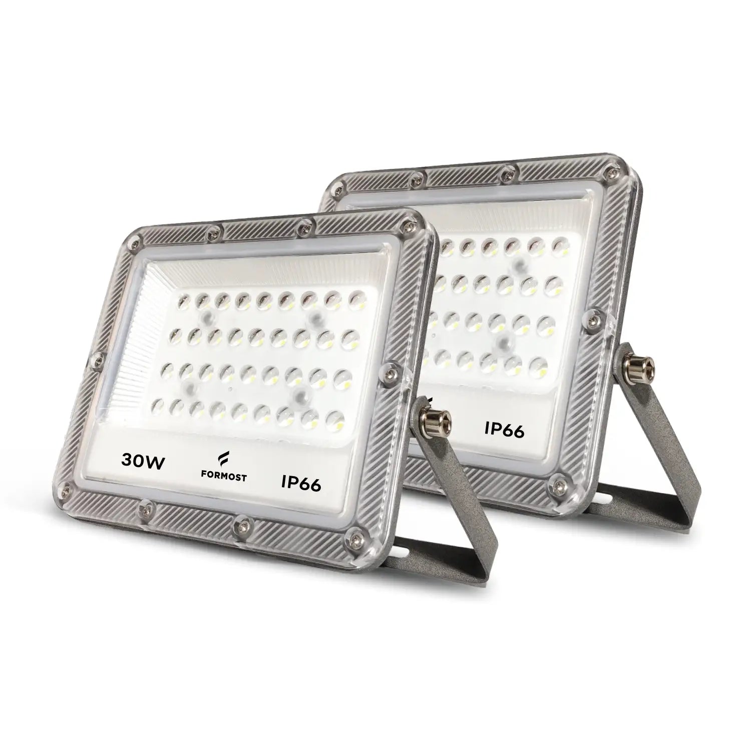 Two LED flood lights with specifications on a white background