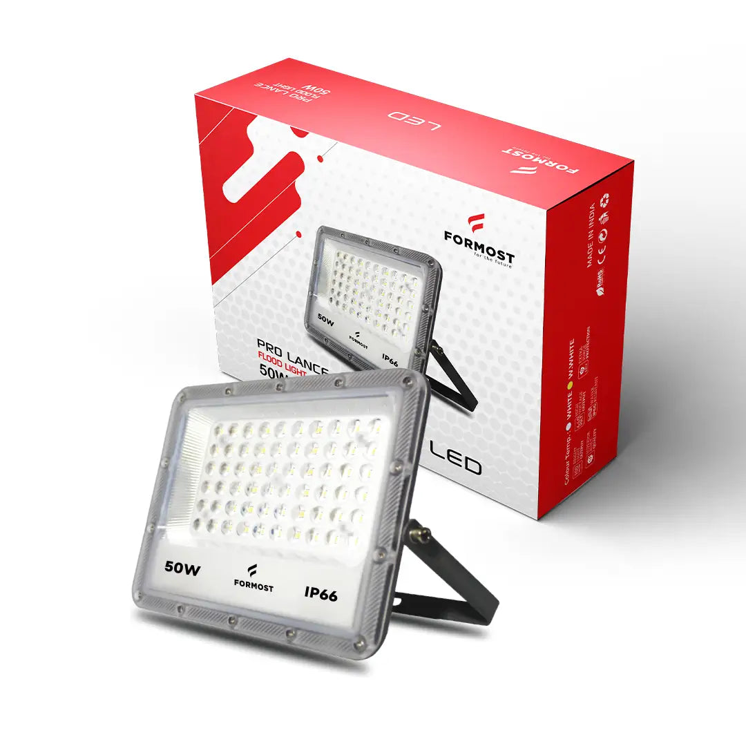 Two LED flood lights with a red 'Formost' branded box on a white background