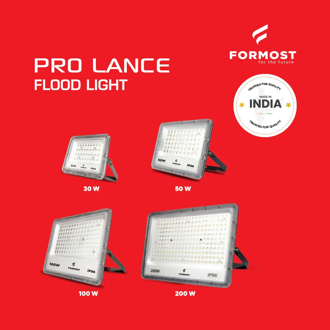Pro Lance flood lights with different wattage options on a red background, featuring Formost brand.