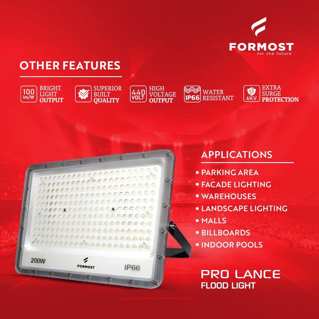 Formost Pro Lance flood light with features and applications on a red background