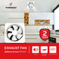 Formost exhaust fan with 2-year warranty badge in a kitchen settings and showing its dimensions