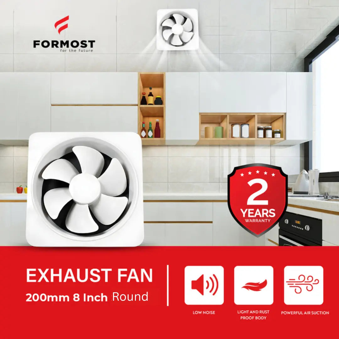 Formost exhaust fan with 2-year warranty badge in a kitchen settings and showing its dimensions