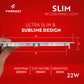 Formost slim recess panel light with dimensions and features on a red background