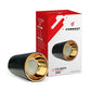 Formost cylindrical light bulb packaging with black and gold design on a white background
