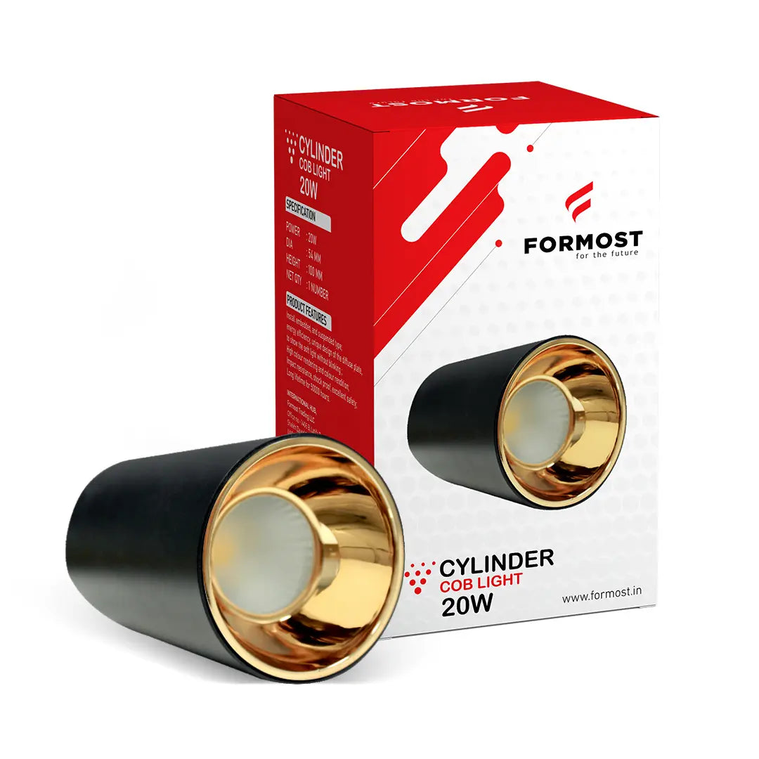 Formost Cylinder COB light 20W packaging with gold and black cylindrical light on a white background