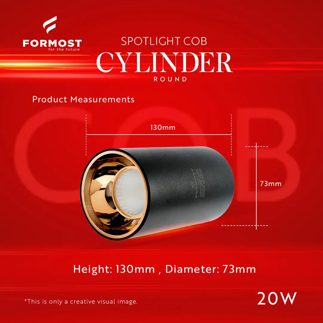 Formost COB Cylinder round light bulb with measurements on a red background