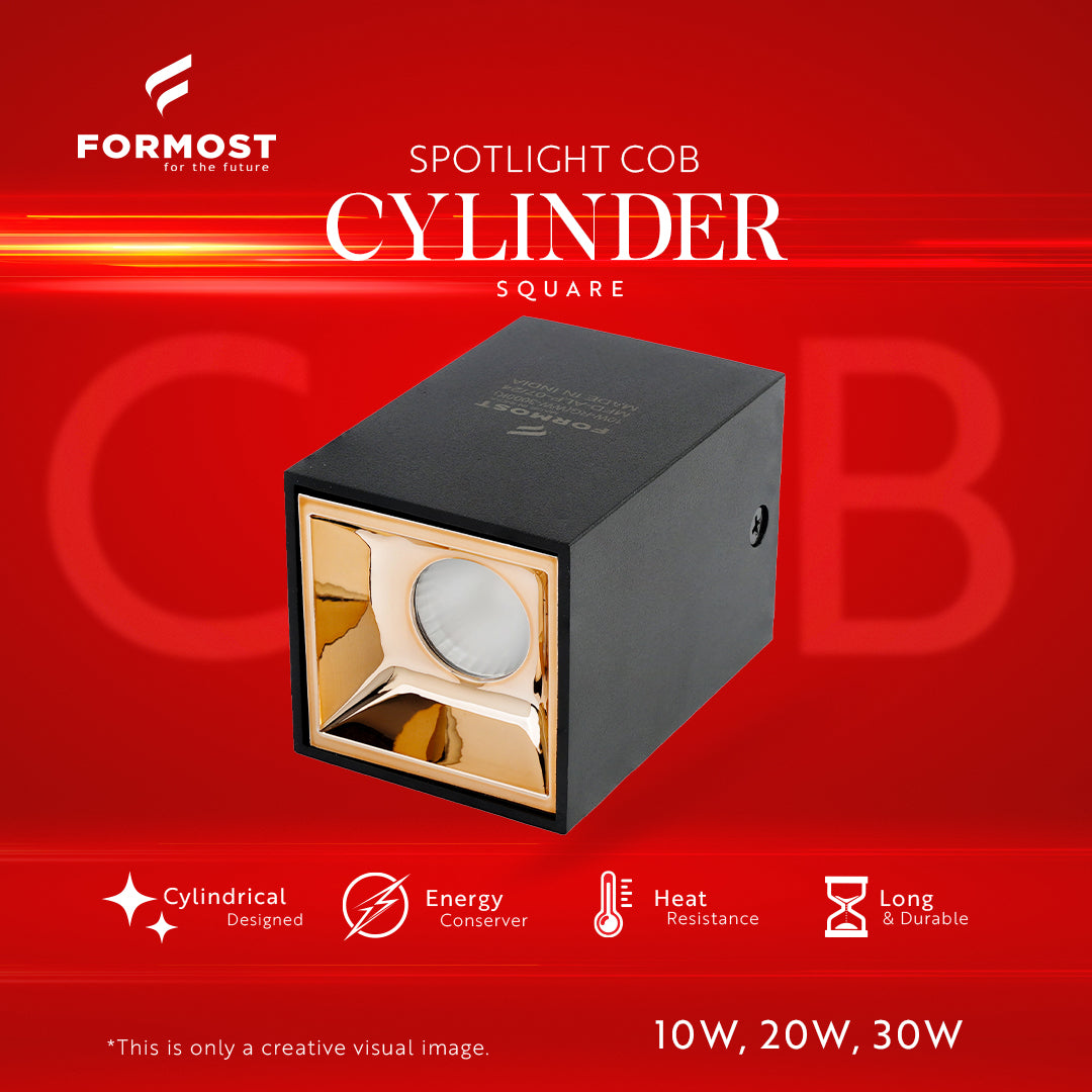 Formost Spotlight COB Cylinder Square light on a red background with product specifications.