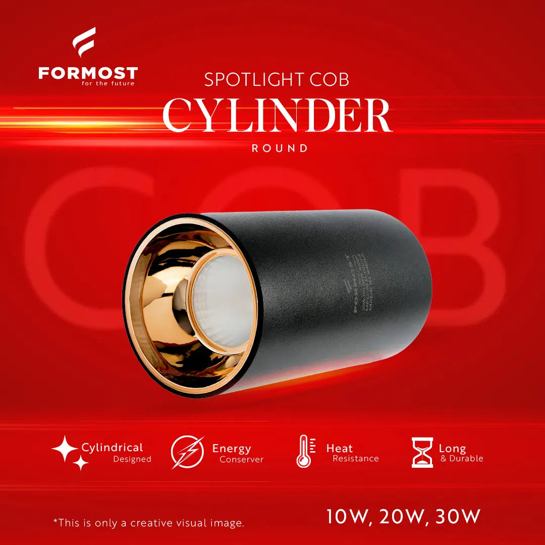 Formost COB Cylinder light bulb on a red background with product features listed.