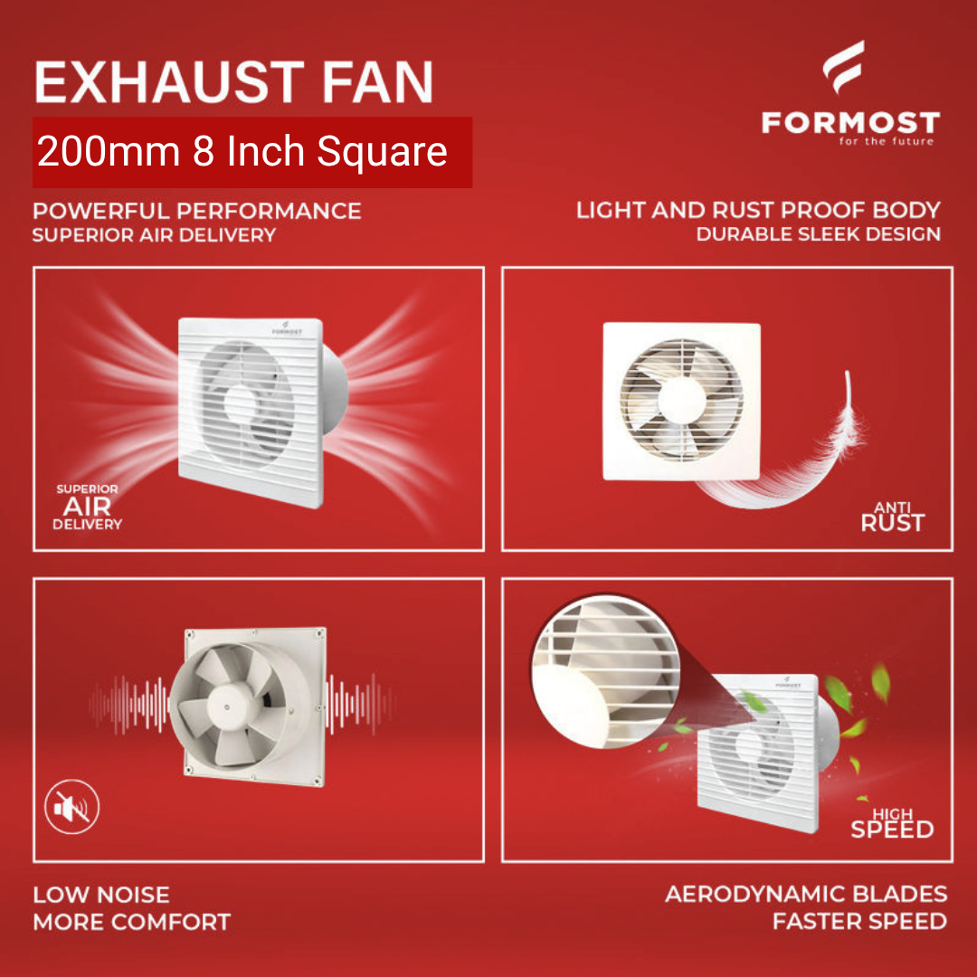 Advertisement for Formost exhaust fan with features on a red background