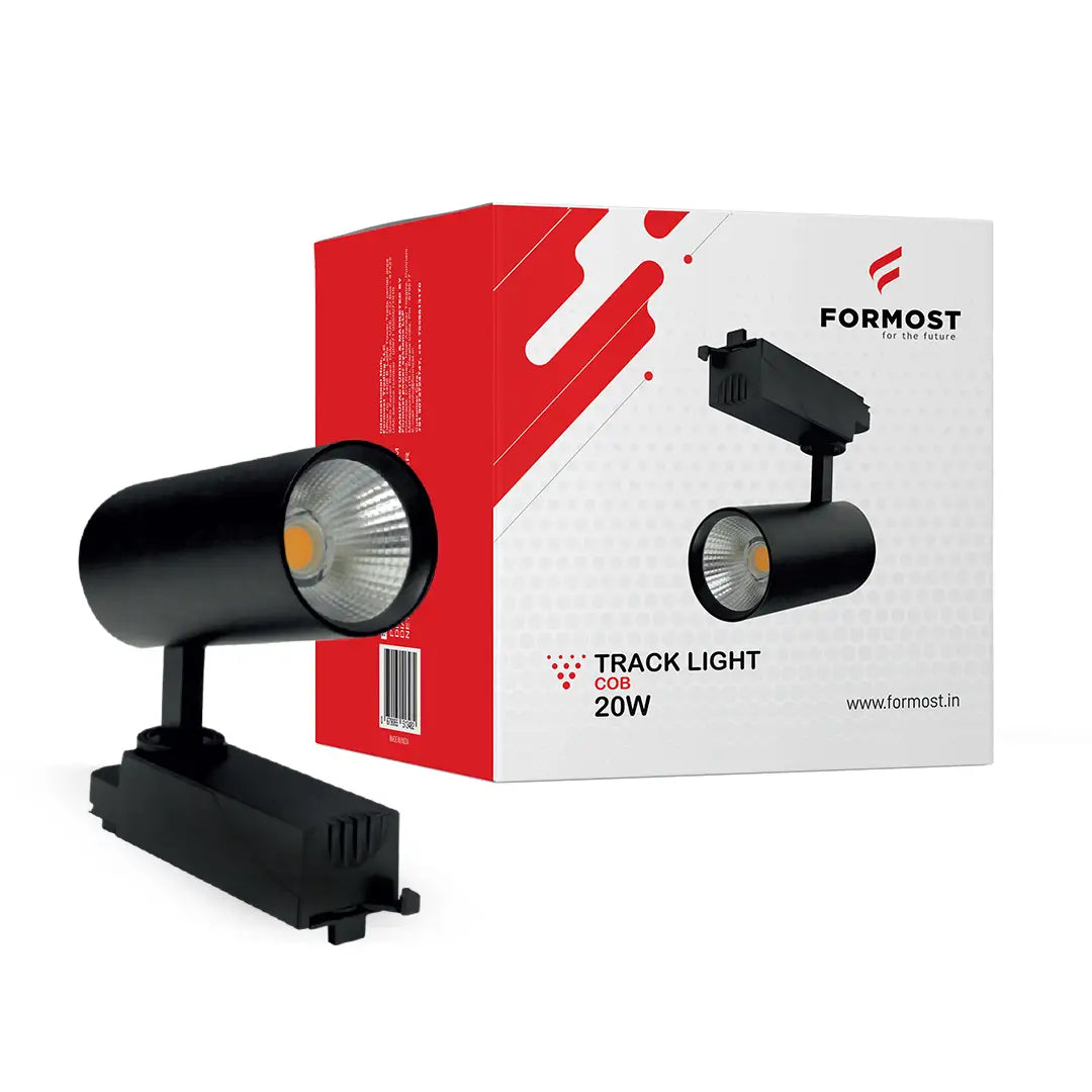 Black track light with Formost branded packaging on a white background
