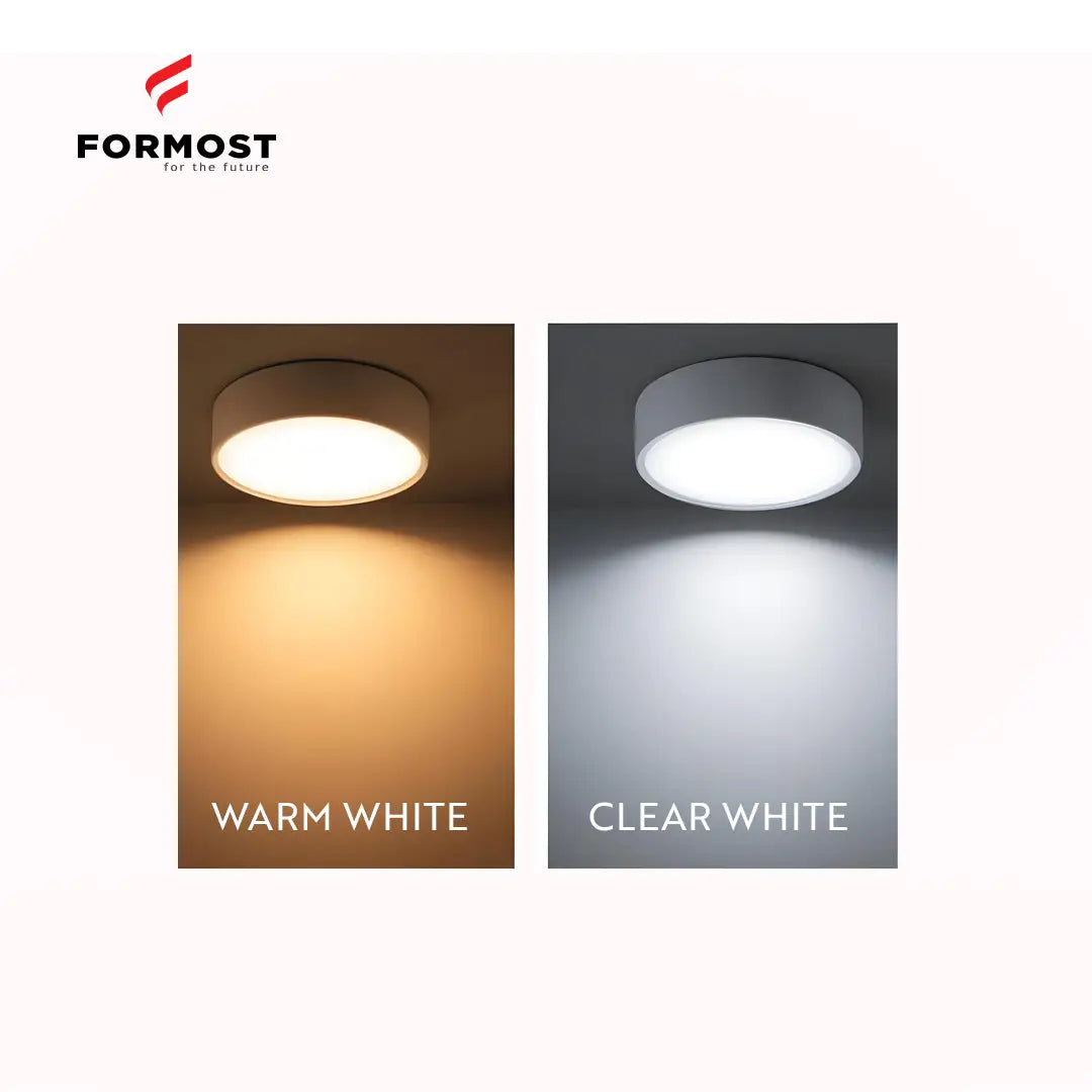 Two light fixtures showing warm white and clear white light on a Formost branded background.