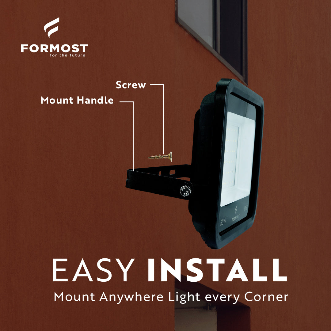 Formost outdoor light fixture with mounting handle and screw on a brown background