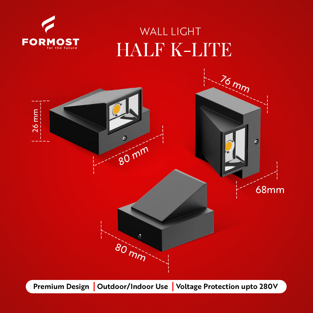 Formost Half K-Lite wall light with dimensions on a red background