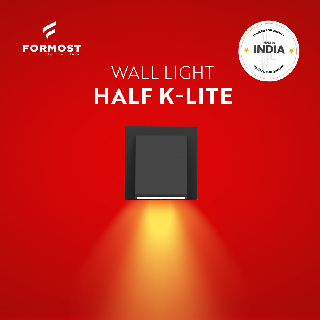 Formost wall light half K-lite on a red background with brand logo and certification badge.