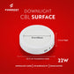 Formost downlight CBL surface light on a red background with dimensions and features listed.