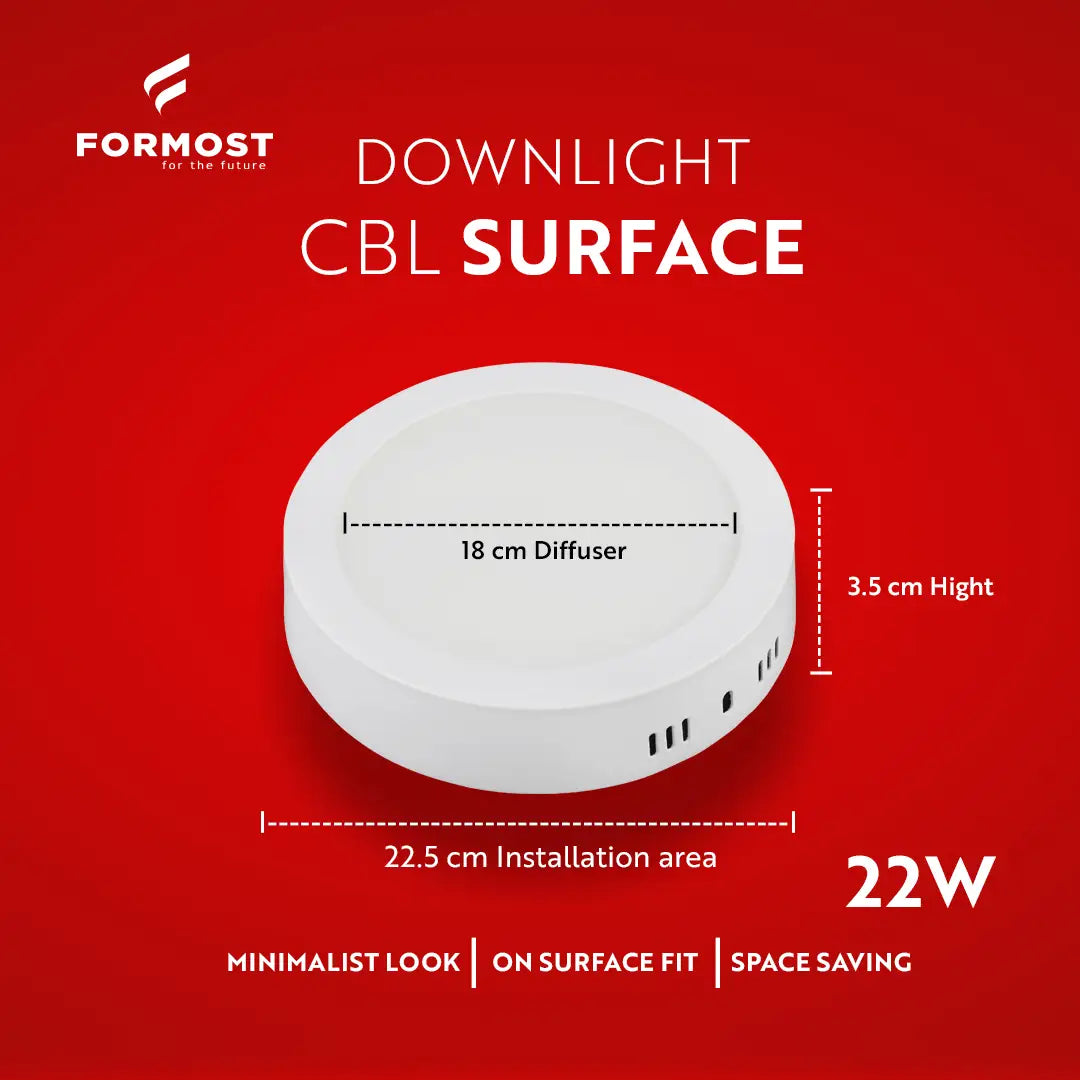 Formost downlight CBL surface light on a red background with dimensions and features listed.