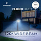 Flood light being used to illuminate a driveway at night, with Formost branding and 'Made in India' badge.