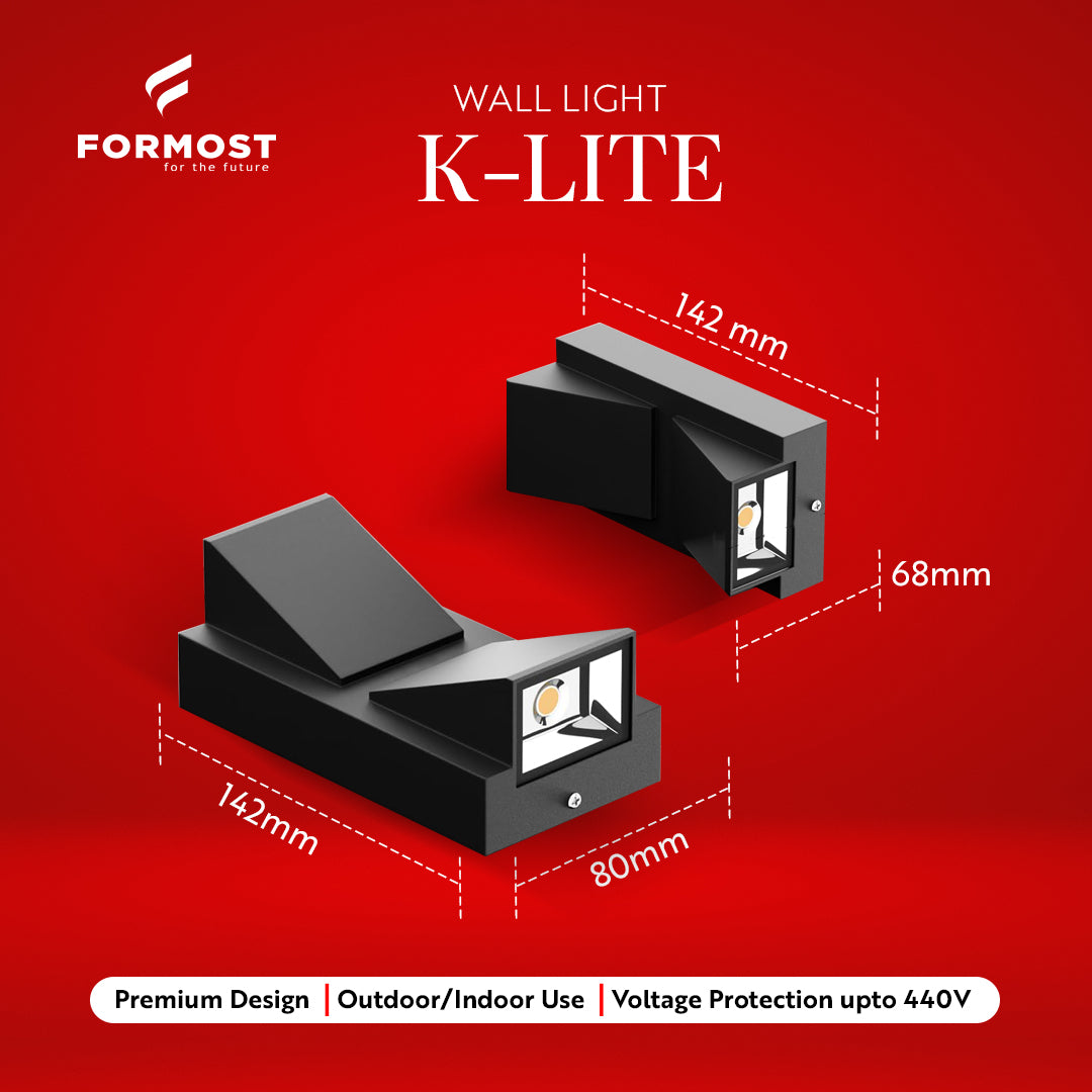 Formost K-Lite wall light with dimensions on a red background