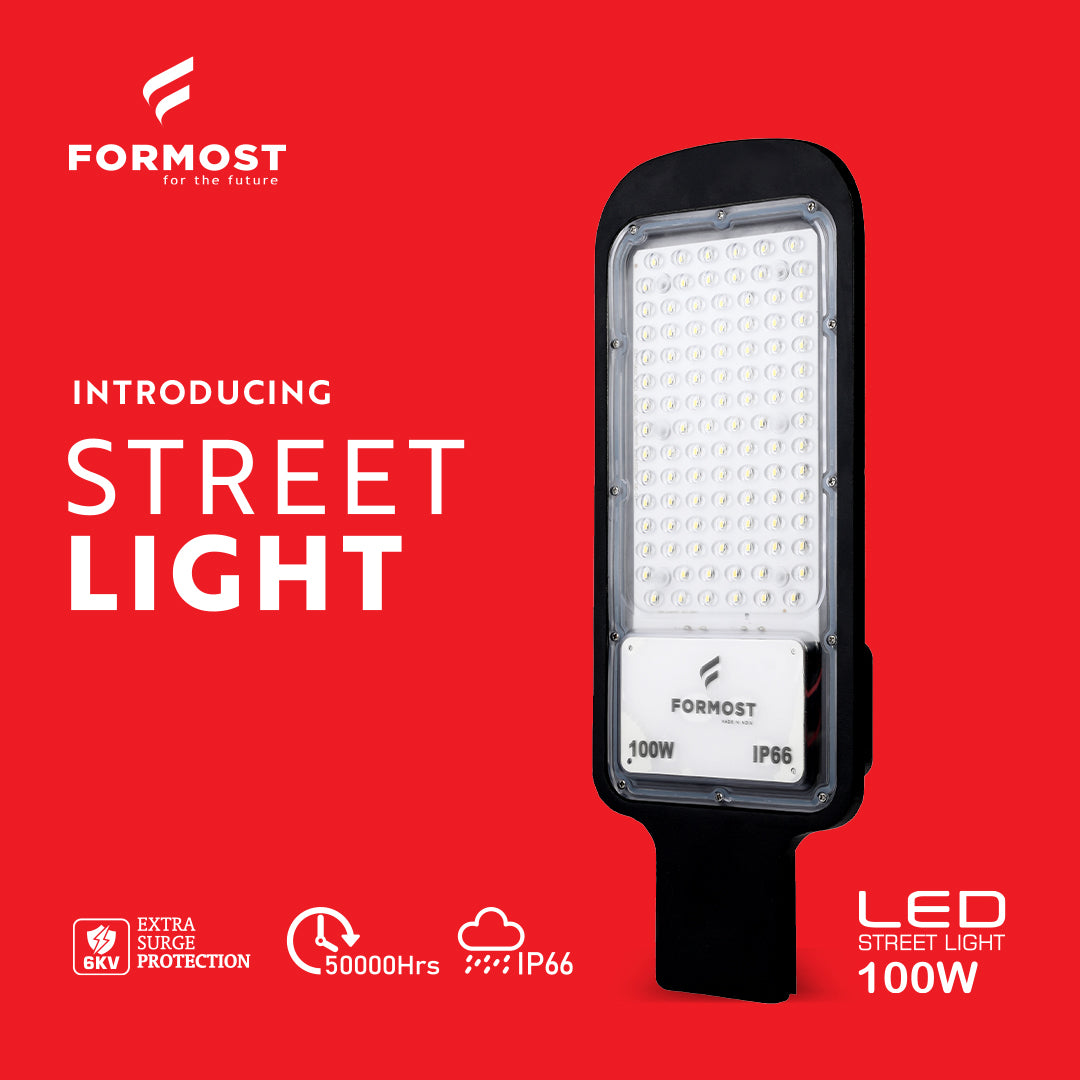 Formost LED street light on a red background with product details.