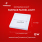 Formost downlight surface panel light with dimensions and features on a red background