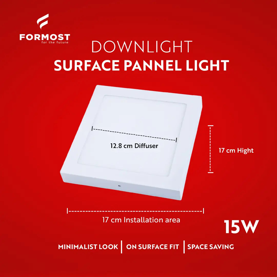 Formost downlight surface panel light with dimensions and features on a red background