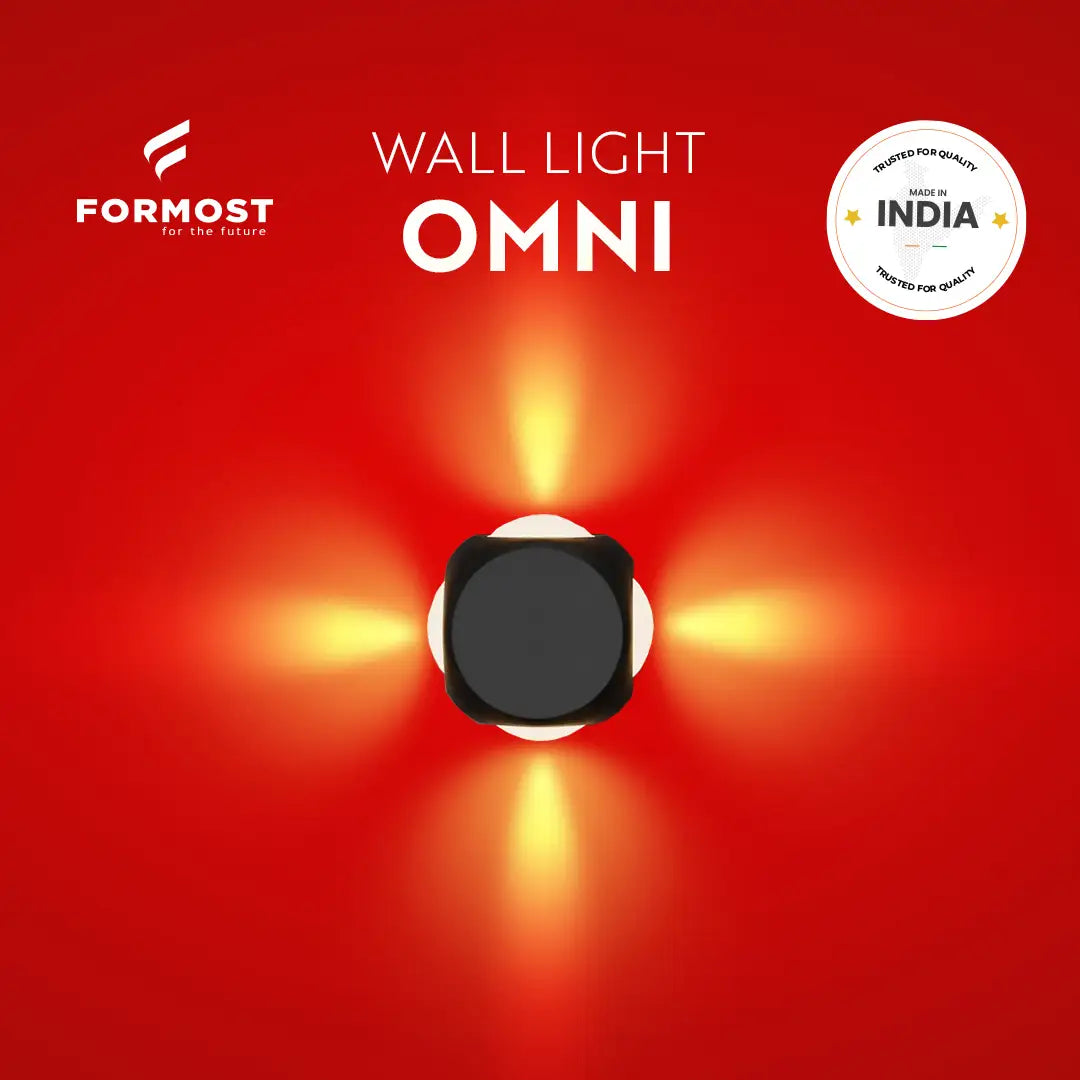 Wall light fixture labeled 'OMNI' with Formost branding on a red background