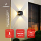 Wall-mounted light fixture with Formost branding and product features on a modern building exterior.
