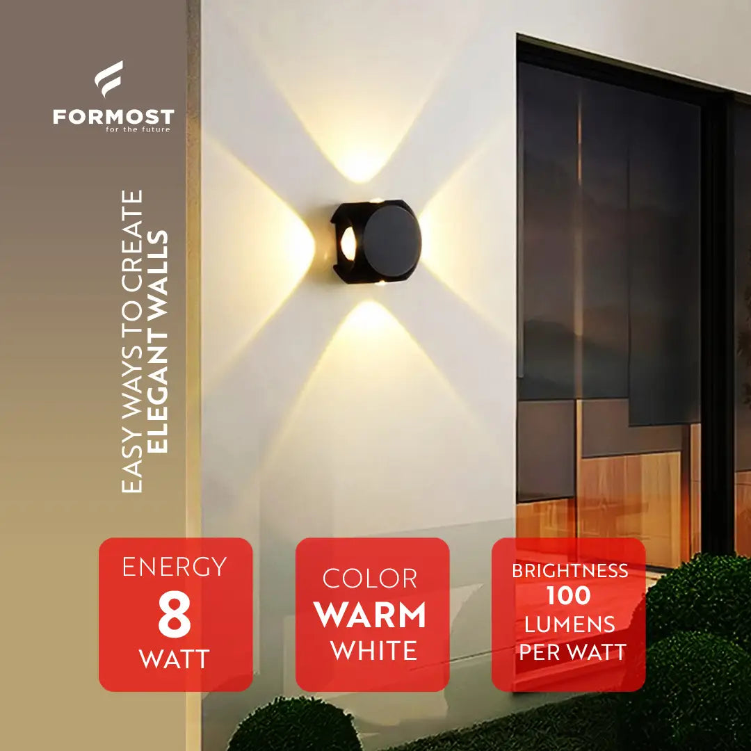 Wall-mounted light fixture with Formost branding and product features on a modern building exterior.
