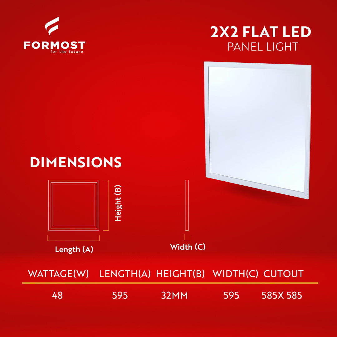 Formost 2x2 flat LED panel light with dimensions and specifications on a red background