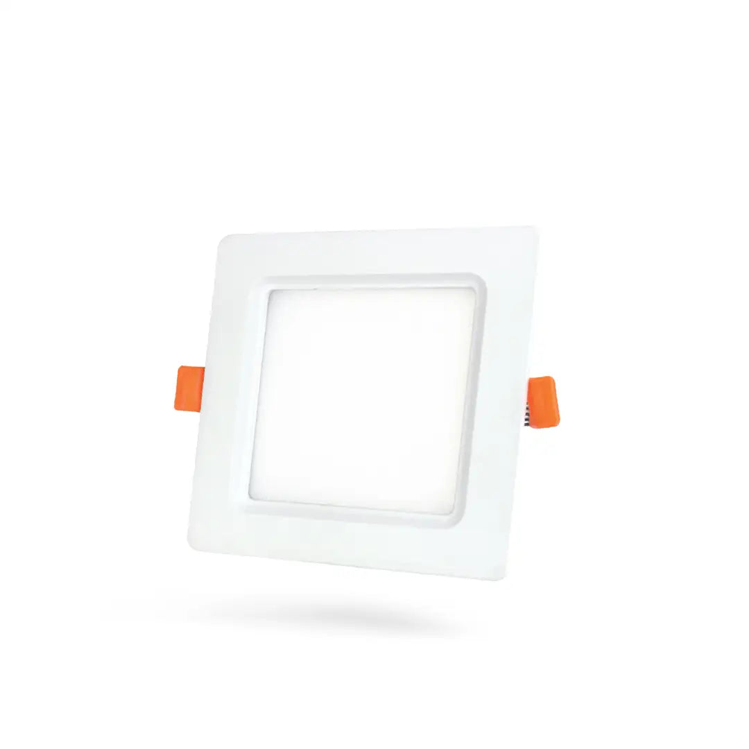 Square LED panel light with orange accents on a white background