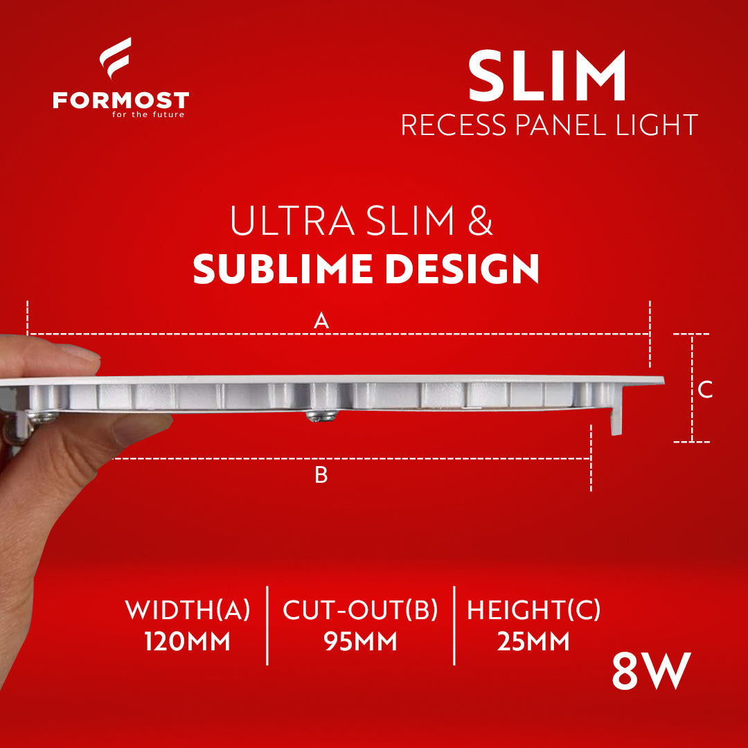 Formost ultra slim recess panel light with dimensions and specifications on a red background