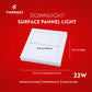 Formost downlight surface panel light with dimensions and features on a red background