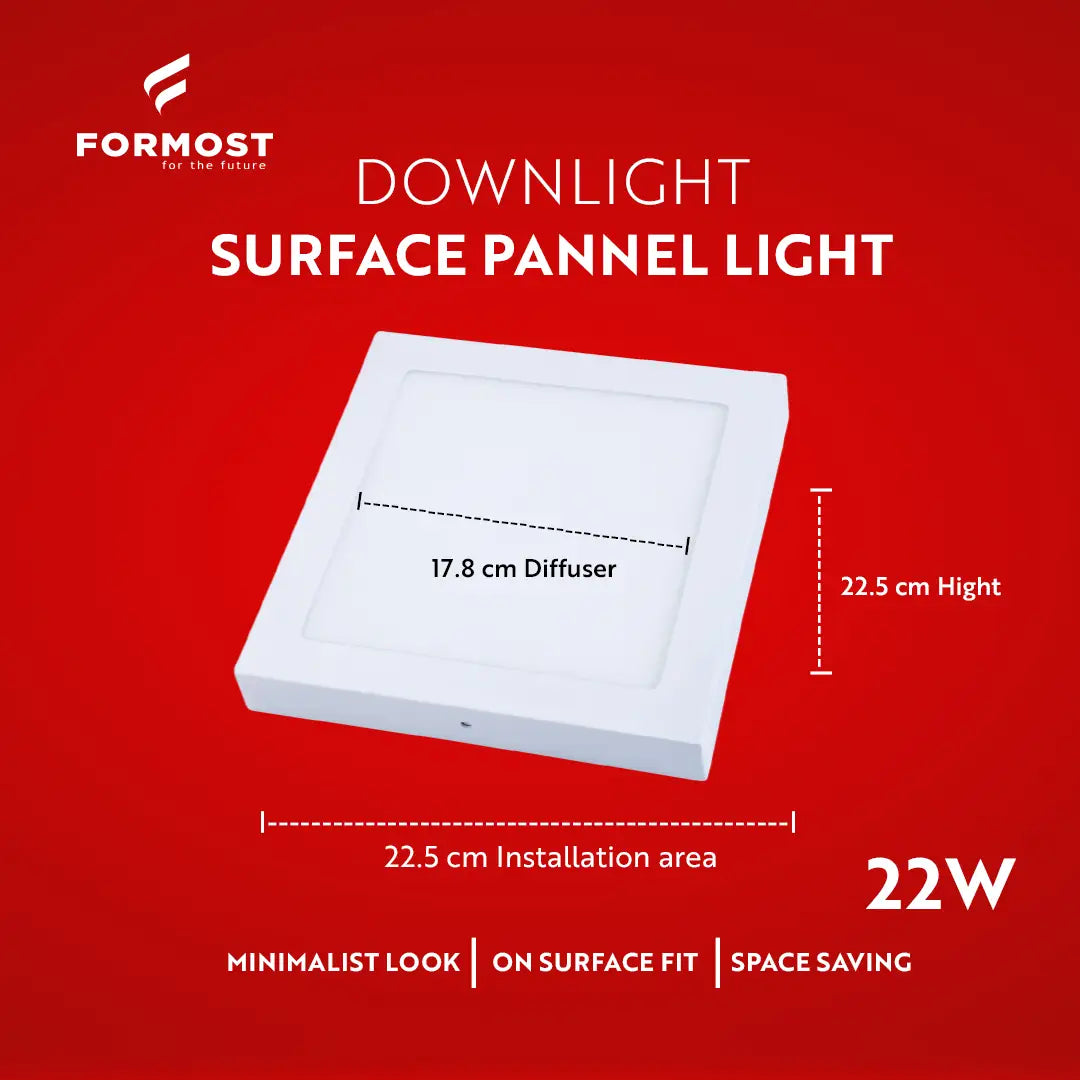 Formost downlight surface panel light with dimensions and features on a red background